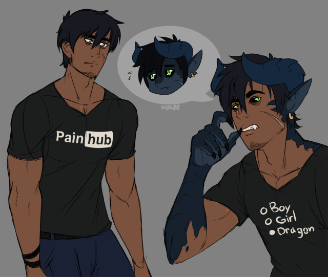 Human form on the left with "Pain hub" on shirt, Demi dragon on the right with the shirt caption "x Boy x Girl ✓ Dragon"