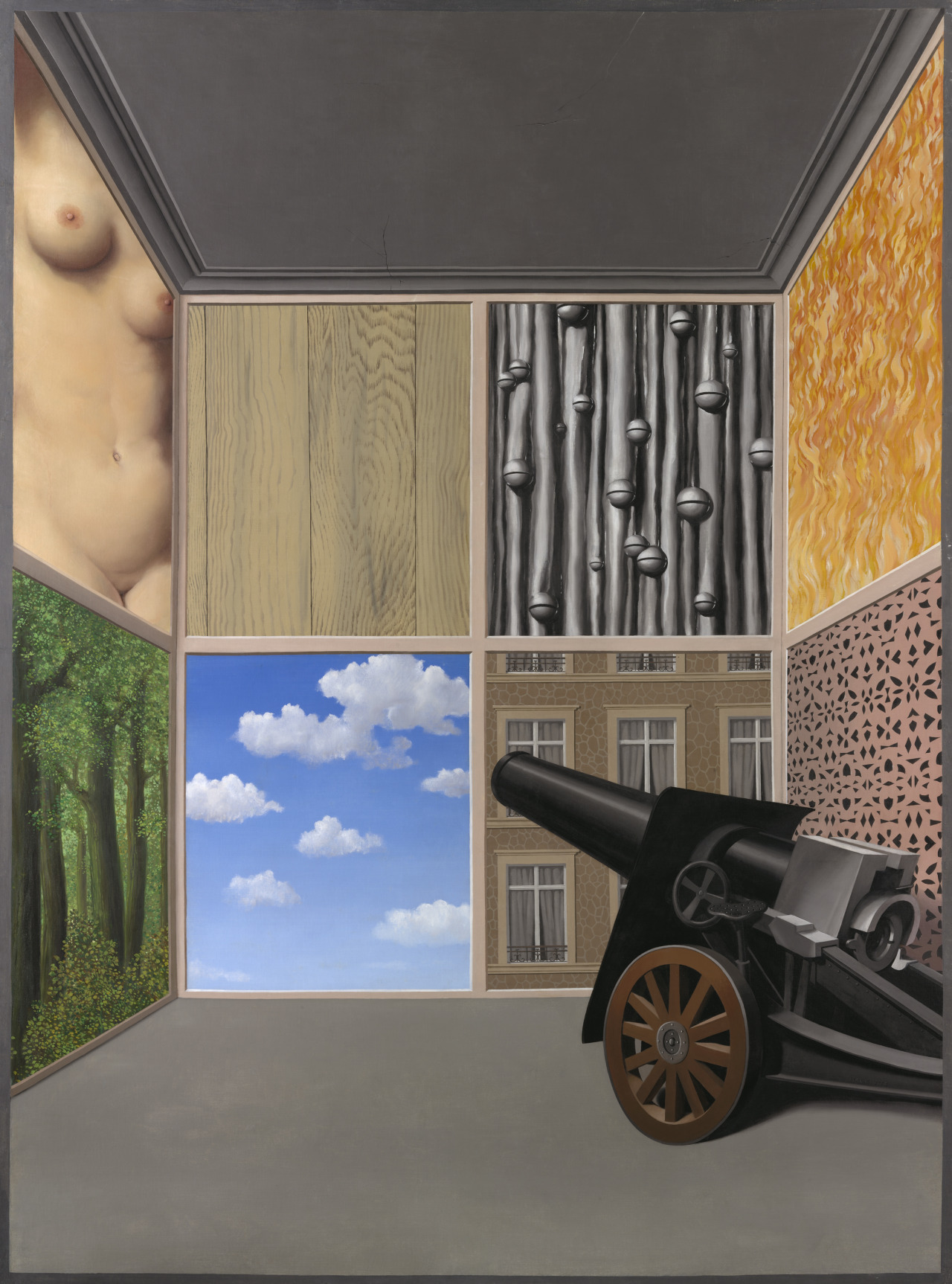 Rene Magritte ~ “On the Threshold of Liberty”, 1937
“ On the Threshold of Liberty is a controversial piece by René Magritte. It is a prime example of pre-WWII surrealism, which is also an example of the fusion of pre-surrealism/post-dada movement: a...