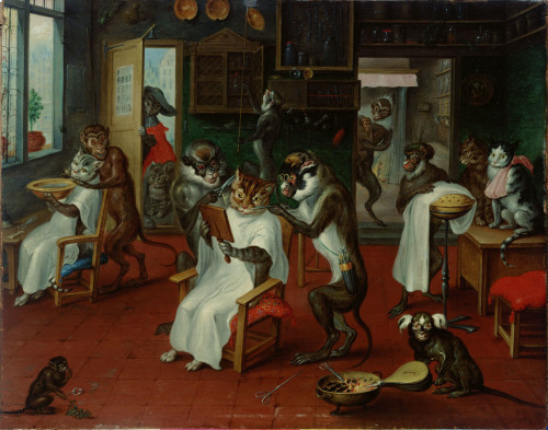 monkeysinarthistory:Abraham Teniers: Barbershop with monkeys and cats, 1633-1667, oil on copper, 23×