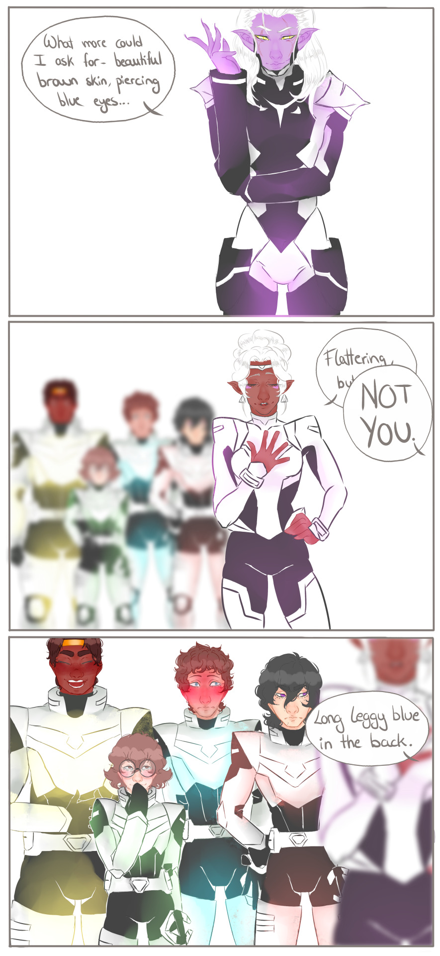 akis-paradise:  Lotor: flirtingLance: blushingKeith: ready to fight  (based on this