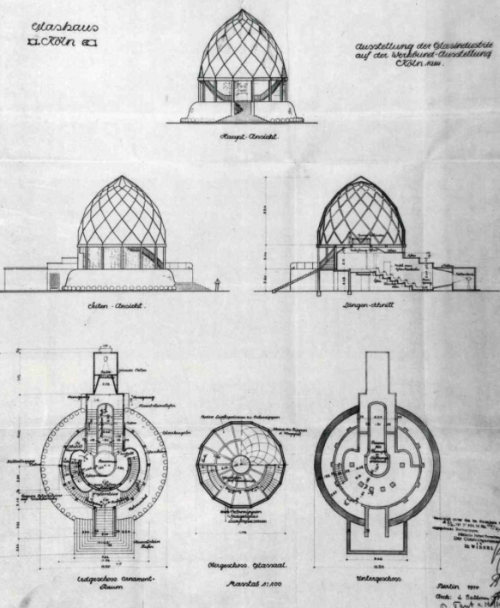 Bruno Taut, Glass House (or Pavillon) for the Werkbund Exhbition in Cologne, 1914. With a little hel
