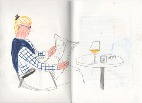 sketching/spying on people on a terrace 