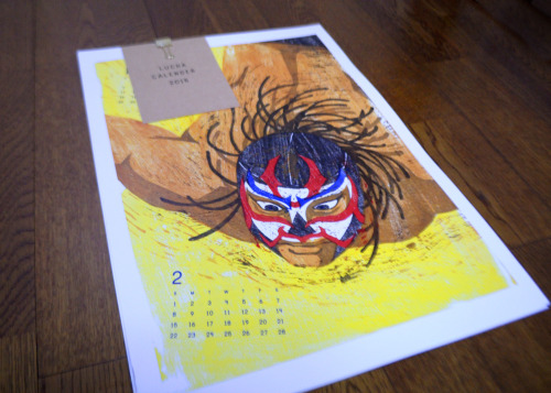 masitudata:LUCHA CALENDER 2015a3　木版画—今年から版画の技法を試してまして、これもその一つです。今までははがきサイズばかりでしたが、今回はA3サイズに挑戦。6枚で合計