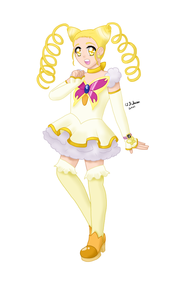 Digital fullbody drawing of Cure Lemonade from Yes PreCure 5, facing left, leaning back slightly, right hand delicately by chest with a big smile towards viewer.
