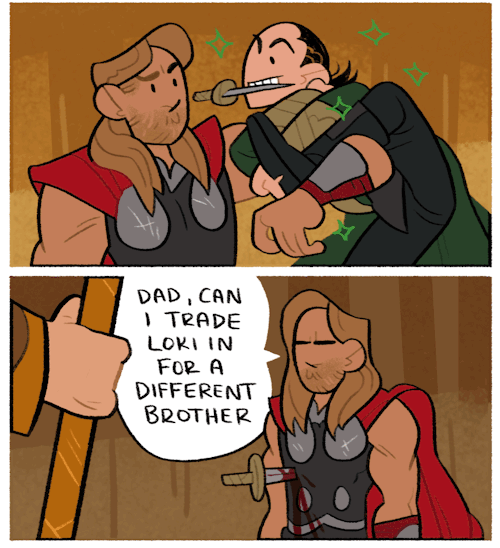 ladyshinga: lousysharkbutt:  he ruined snakes forEVER more thor comics on patreon  The story Thor told says they were children when this happened. So this comic implies one of two things:1. Thor had a full beard and muscles as a childor 2. Loki used this