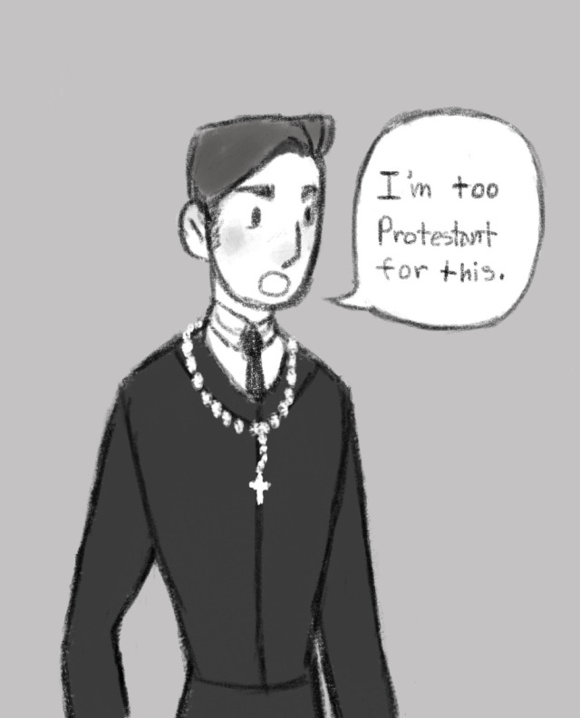 A black-and-white digital sketch of Jonathan Harker from Dracula. He is looking to the right, and wearing a dark suit with a white rosary around his neck. There is a speech bubble to his right which reads "I'm too Protestant for this."