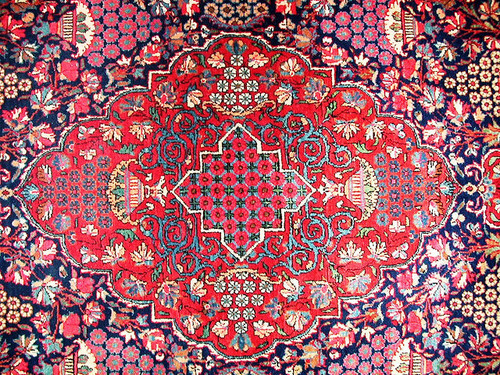underthejasminetree:Close-up of a Qashqai Carpet, Amin’s Shop, Damascus, Syria
