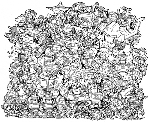 space-bridge-to-nowhere:  Super deformed Transformers by Hidetsugu Yoshioka, created for the laserdisc releases of Fight! Super Robot Lifeform Transformers, Transformers 2010, and “The Rebirth.“