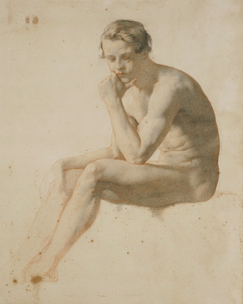 ganymedesrocks: antonio-m: William Mulready (1786 - 1863), Seated male nude (probably 1850s). Irish. Royal Academy of Art.  There is just a certain Oscar Wilde’ Aesthetic Aura here that edges in superiority what Bosie lacked in soulfulness to chime