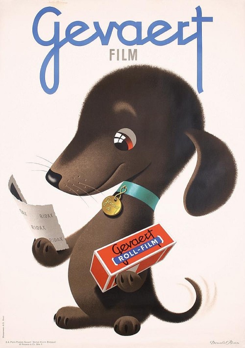 Donald Brun, illustration of a dog testimonial for Gevaert roll film, 1947. Switzerland. Source