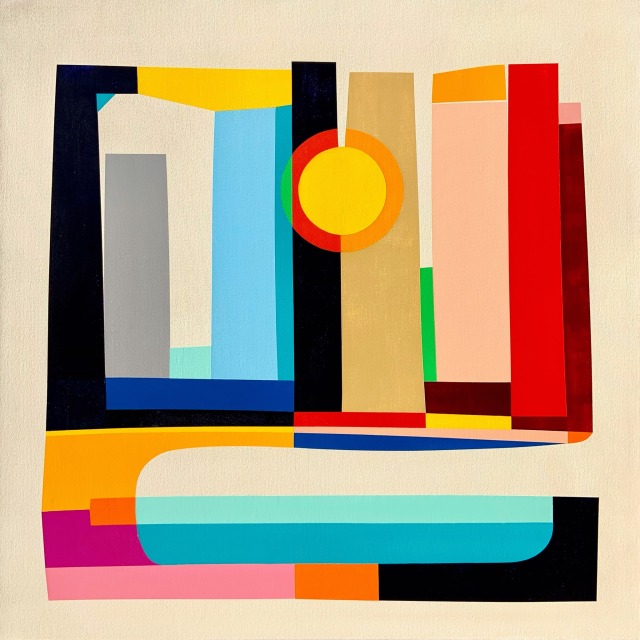 Brightly coloured modern hard-edge abstract painting by James Wyper. 