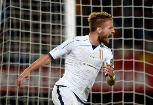 Ciro Immobile celebrates his first goal against Macedonia in a 3:2 win