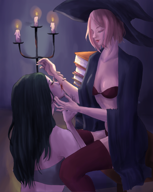 Belated gay Halloween Sasusaku art Vampire Sasuke x Witch Sakura. 