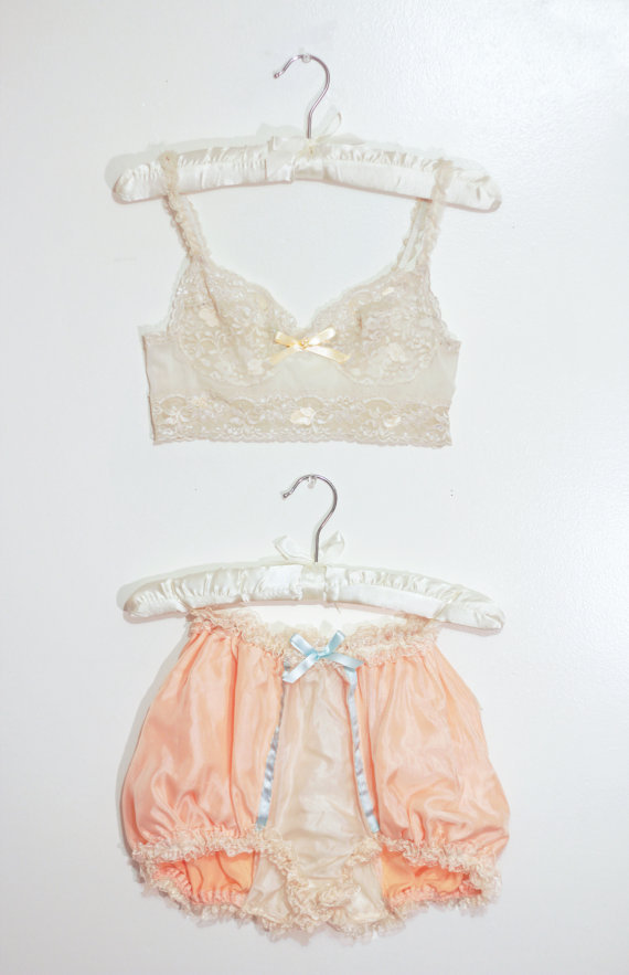 thelingerieprincess: Vintage french handmade lace bra and silk knicker set 