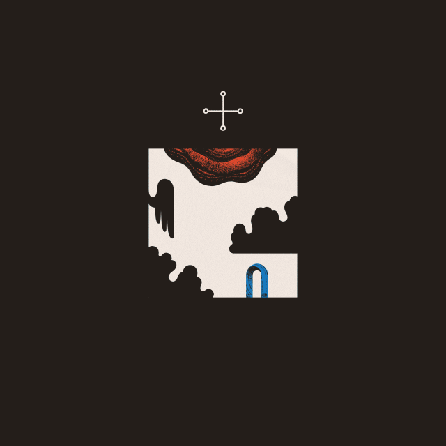 A small white square on a black background contains a blue archway, black clouds and wing, and a red wave that emanates from a cross-like sigil above the composition.