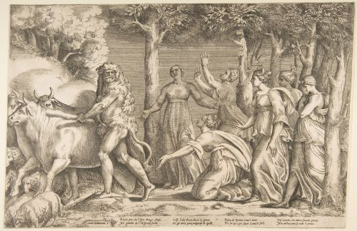 Hercules driving off the cattle of Geryon, at the right are the nymphs of Hesperides by Giulio Bonas