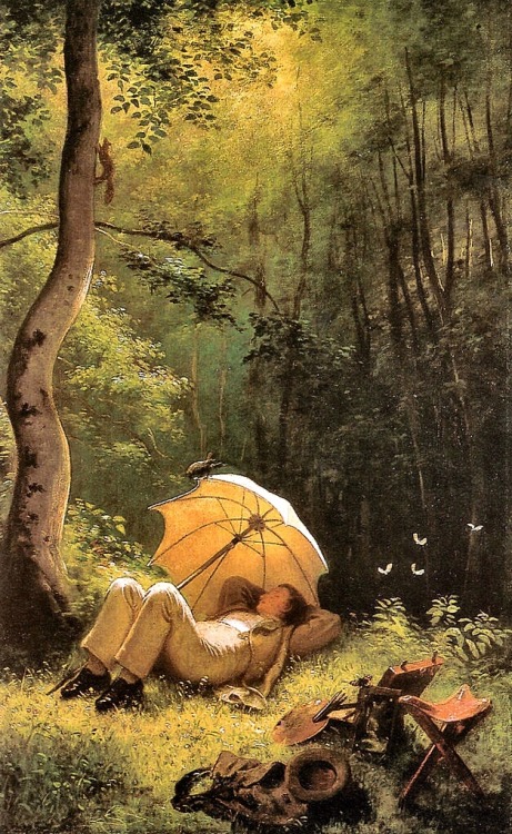 unjouruntableau:Carl Spitzweg - Le Peintre dans une clairière allongé sous un parasol,