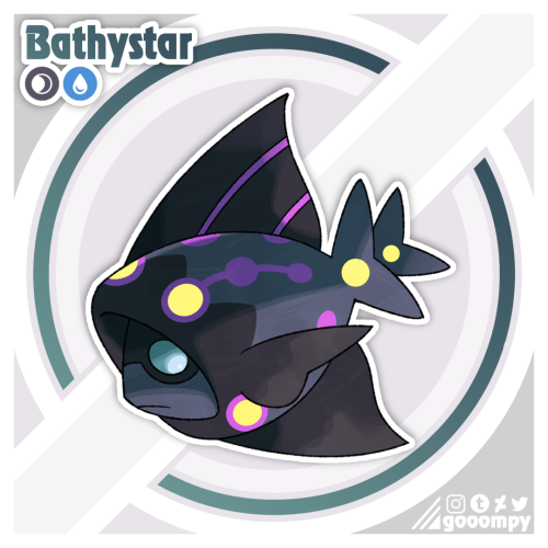 gooompy:fakemon based on a group of cryptids (Beebe’s abyssal fishes)!bathystar is the pallid sailfi