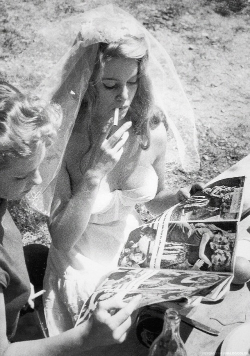 sadgirlophelia:Brigitte Bardot takes a break from filming And God Created Woman, 1956