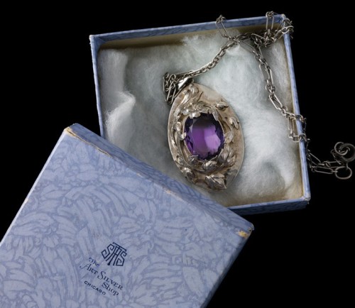 blondebrainpower:The Art Silver Shop, Pendant and Original Box, ca. 1920. Sterling, amethyst. Collection of Boice Lydell.