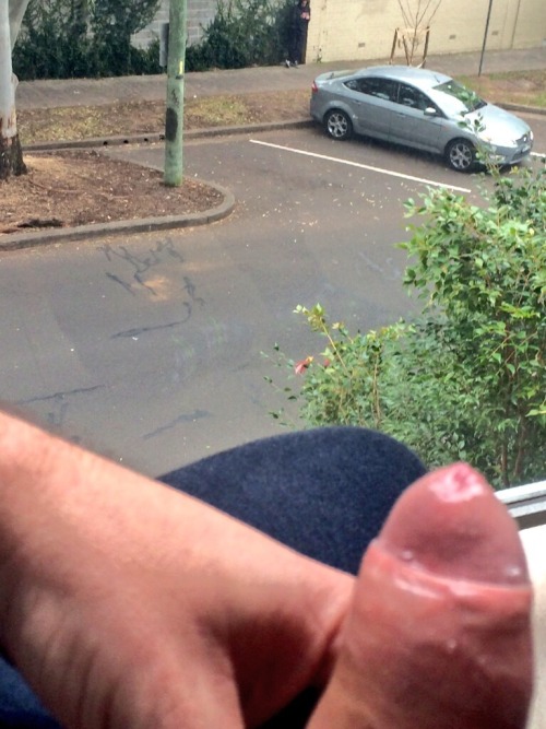 hirsutehypersex:  One the hottest experience early on Sunday morning. Horny on my balcony, got my cock out, a few minutes later a guy across the road stopped, watched and started grabbing his cock, this went on for about 5 minutes, then I motioned for