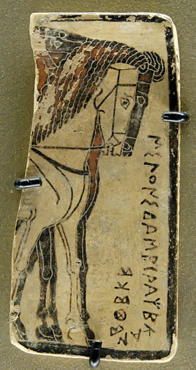 romegreeceart:Horses harnessed to a quadriga. Corinthian black-figure Pinax from Penteskouphia.(6th 