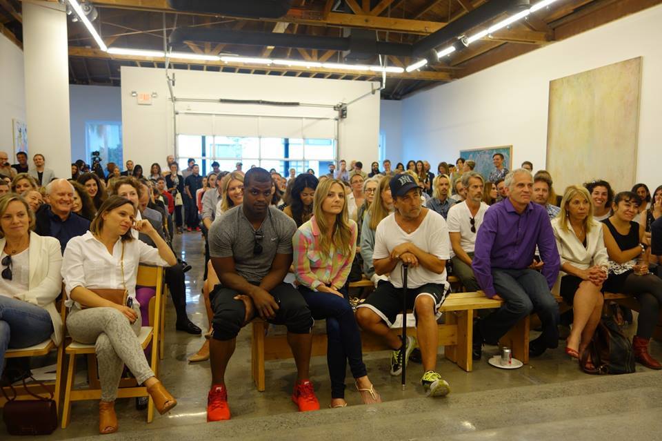 Anat Ebgi Gallery Owner Lindsey Christensen Art Advisory Dark Room In Crowd For Stefan Simchowitz Jonathan T.D. Neil Talk With Chris Vasell Artist Painting On The Right Blacklisted Hollywood Los Angeles