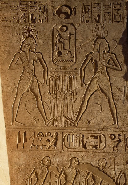 Union between Upper and Lower Egypt and cartouche of Pharaoh, relief on base of thrones, Temple of R