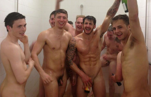 Footballers celebrating naked in the lockerroom showers