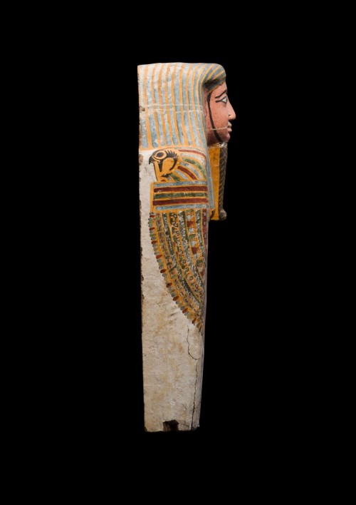 The Upper Part of an Egyptian Polychrome Wood Coffin Cover25th/26th Dynasty, 750-525 B.C.Wearing a b