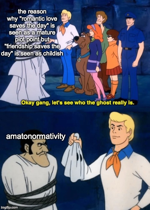 raavenb2619:[ID: The Scooby Doo ghost meme. In the first panel, Fred looks at a ghost, labelled &ldq