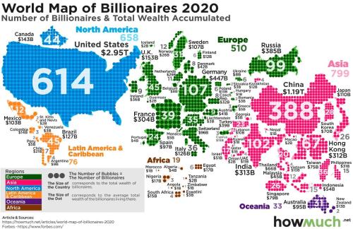 mapsontheweb:Number of Billionaires In Each Country, 2020.