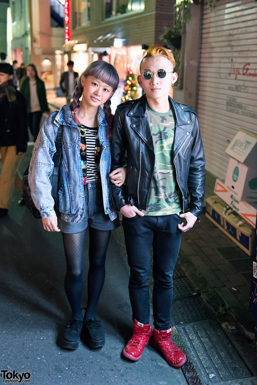 Cool Harajuku couple w/ vintage acid wash, leather jacket, Tokyo Bopper &amp; Nike sneakers.