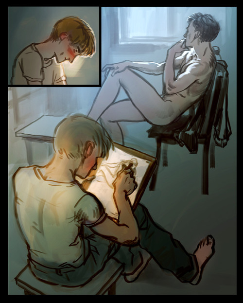 spisoldat:Steve asking Bucky to pose for his sketches for the first time. Inspired by the male nudes