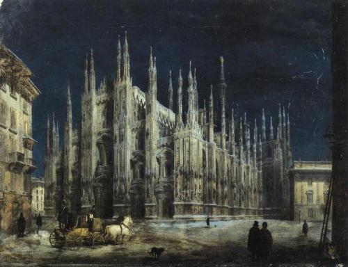 Night in the Piazza del Duomo of Milan, Angelo Inganni (1807-1880)