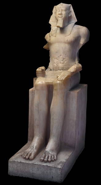 Statue of MenkaureThis impressive alabaster sculpture portrays the king in all his majesty, he wears