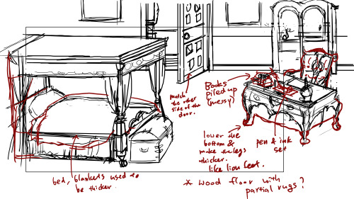 Where the pen and ink set? Jiwook’s giving Audrey background design notes.