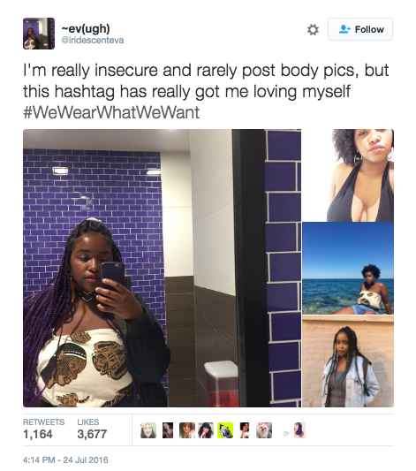 refinery29:  These women are using a hashtag to slam the stereotype that you should “dress for your size” Simone Mariposa, a 23 year old from LA decided to start the hashtag after seeing a body-shaming story on Twitter and realizing she could do