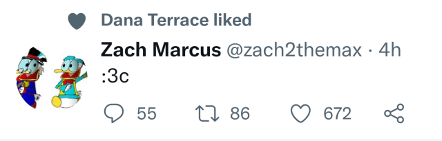 A Tweet from Zach Marcus, writer of the Owl House season 2 finale, "King's Tide." The tweet simply shows a devious cat emoticon. Dana Terrace, creator of the Owl House, liked the tweet.