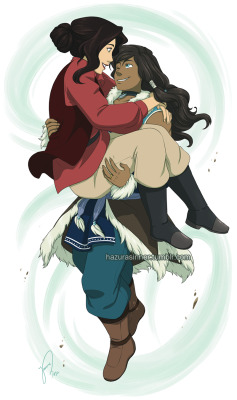 hazurasinner:  &ldquo;You sweep me off my feet.&rdquo; I’ve been dying to try drawing older Korra and Asami so here’s my take of them in their thirties. 34/35 to be more exact. I love short hair on Korra but the long hair on her also has a certain