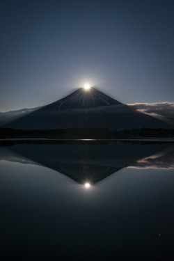 landscapelifescape:  &ldquo;In Japan, the moon overlapping with the top of Fuji is called Pearl Fuji (in the case where the sun overlaps with the top of Fuji, the phenomenon is called Diamond Fuji). Pearl Fuji reflected in the water is called Double Pearl