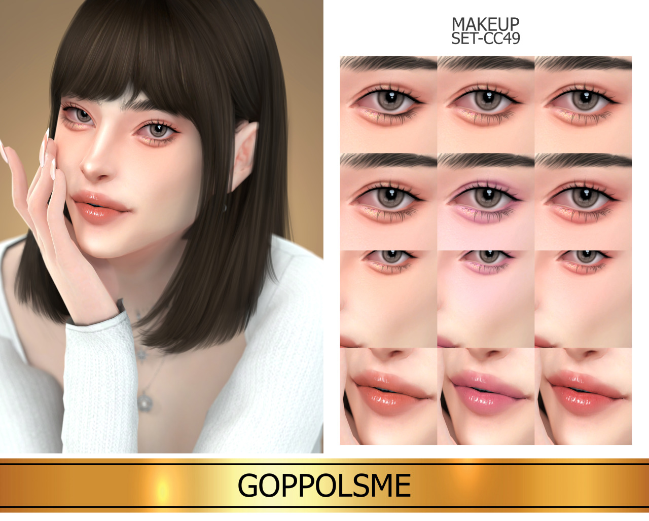 GPME-GOLD MAKEUP SET CC49Download at GOPPOLSME patreon ( No ad )Access to Exclusive GOPPOLSME Patreon onlyHQ mod compatibleThank for support me  ❤  Thanks for all CC creators ❤Hope you like it .Please don’t re-upload #goppolsme#thesims4#sims4cc#sims4ccfinds#sims4makeup#s4cc#s4ccfinds#s4makeup