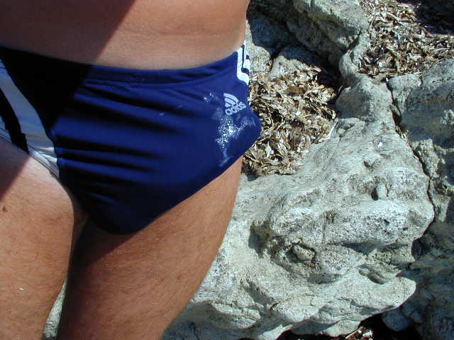 joegoat9:  2 guys in blue adidas brief swimtrunks.Expose and rub cocks together until
