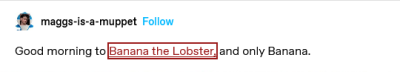 lesbianredpanda:asundergrowth:freeasfishes:Good morning to Banana the Lobster, and