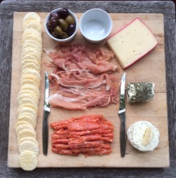 lets-just-eat:  Charcuterie Board: Prosciutto, Hot Salami, Boursin, Herbed Goat Cheese, Fontina, Mixed Olives 