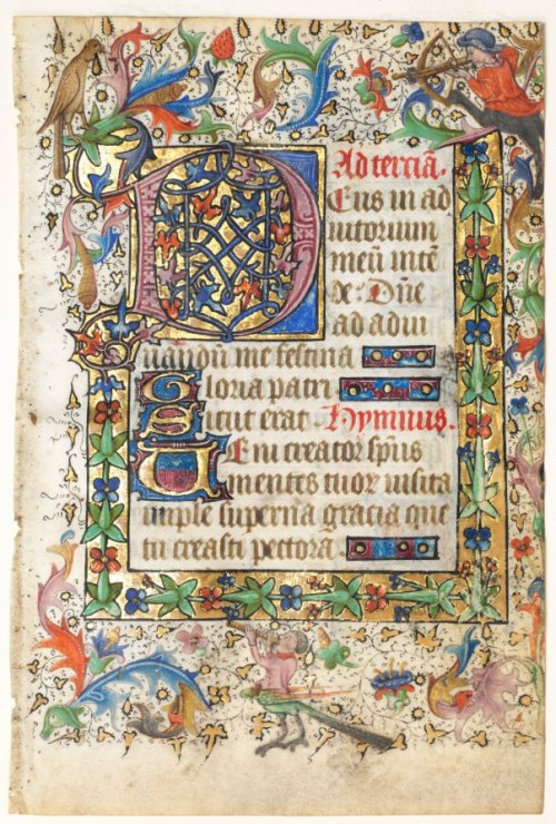 cma-medieval-art: Leaf from a Book of Hours: Decorated Initial D[eus] with Foliated Border (Opening 