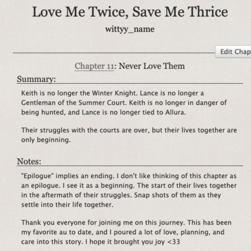 Love Me Twice, Save Me Thrice - Chapter Eleven on Ao3✨Klance ✨Fey Lance / Half-Fey Keith ✨Modern Fae