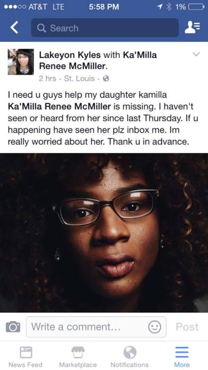 neurowall:St Louis followers especially please read this and share![TEXT: Ka'Milla Renee McMiller ha