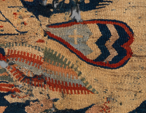 theancientwayoflife:~ Fragment of Wall Hanging with confronted cocks and running dogs.Date: A.D. 4th