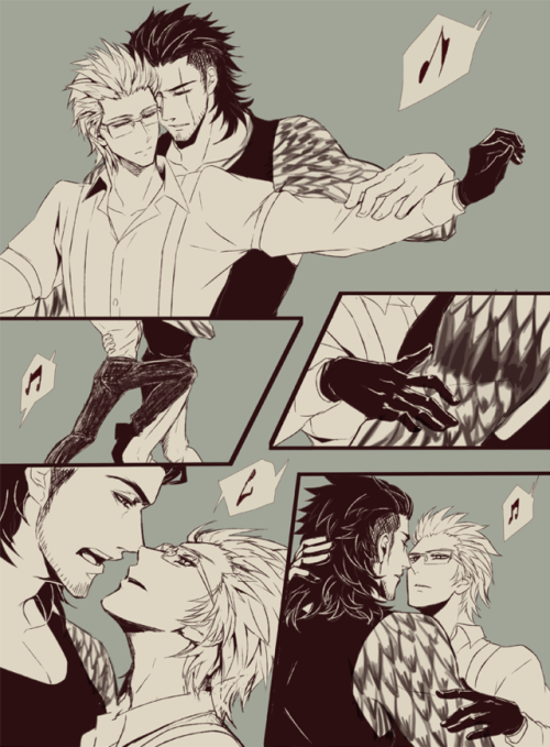 besin-is-a-moogle:  theffantasyart: art by damnitdandan. Speech bubbles from right to left:“I’m sorry you have to see something so sad.”プ – (Prompto) “Gladio can dance?! What?!”グ – (Gladiolus) “Back in high school I danced the Tango